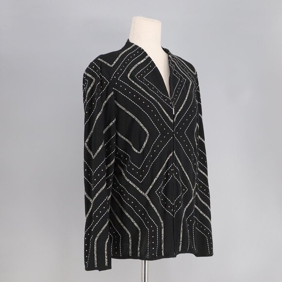 MING WANG Beaded Geometric Design Structured Knit Zip-Up Jacket Black Size M - Picture 2 of 7